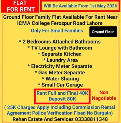 Ground Floor Family Flat For Rent Near ICMA College Qartaba Chowk