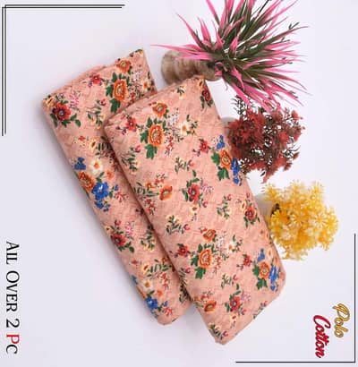 women printed polo cotton unstitched suit Beige 2pcs