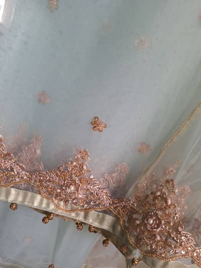 Heavy zari, pearl & sequin embroidery with detailed borders.