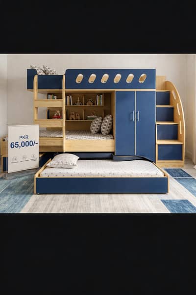 triple bed - wooden bunk bed - Kids bunk bed - bunker bed- with2matres