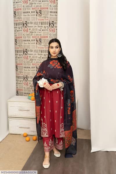 Red dhanak embroidered 3 pcs women suit with wool dupatta