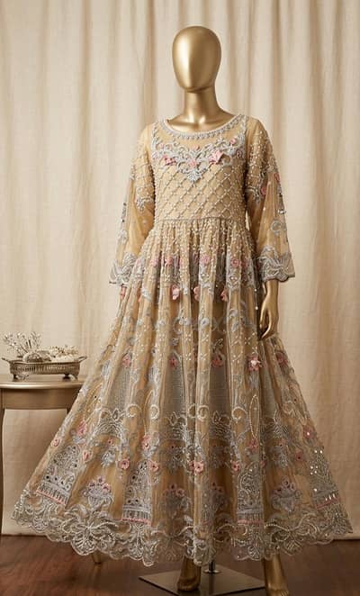 Beautiful Gold Party Wear Maxi – Heavy Pearl and Mirror Work Dress 