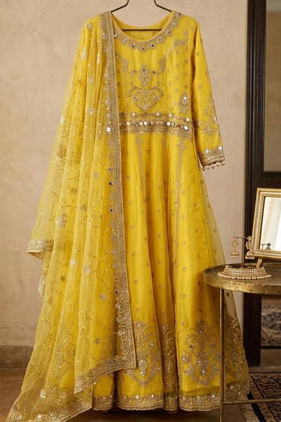 Vibrant Yellow Mehndi Maxi Dress – Heavy Embroidery & Mirror Work