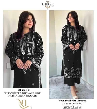 Elegant Black Embroidered Dhanak Suit 2PC 