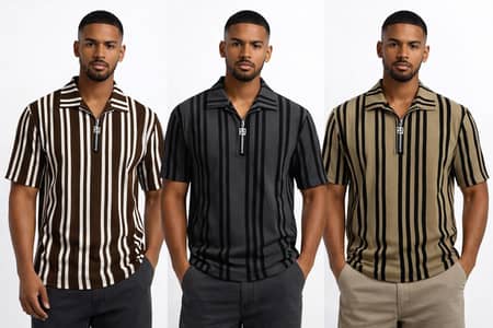 Men’s Premium Vertical Striped Half-Zip Polo Shirt