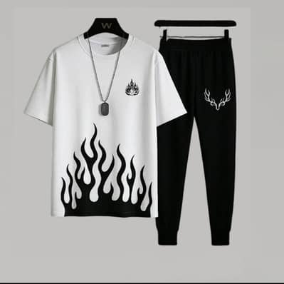 Men Stylish Black & White Flame T-Shirt & Trouser Set