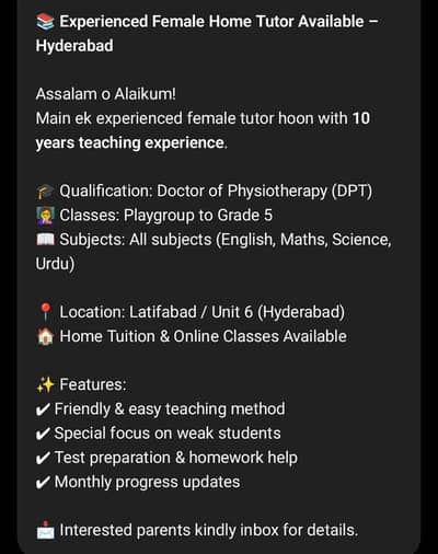‍ Home Tutor Available – Playgroup to Grade 5 (Hyderabad)