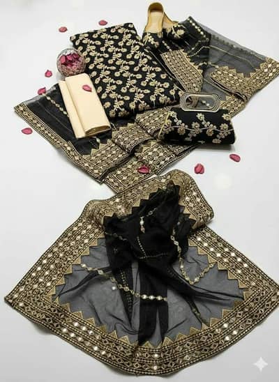 Black Crinkle Chiffon Embroidered 3-Piece Suit