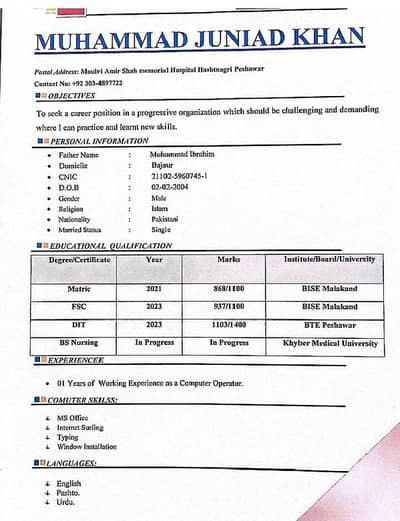 I need job in Peshawar region