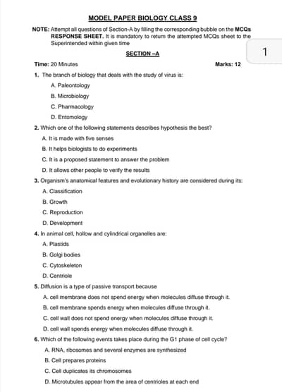 Important Question for 9th class phys/bio