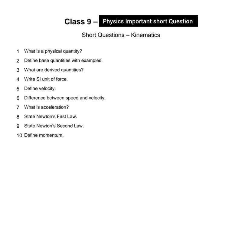 Important Question for 9th class phys/bio 4