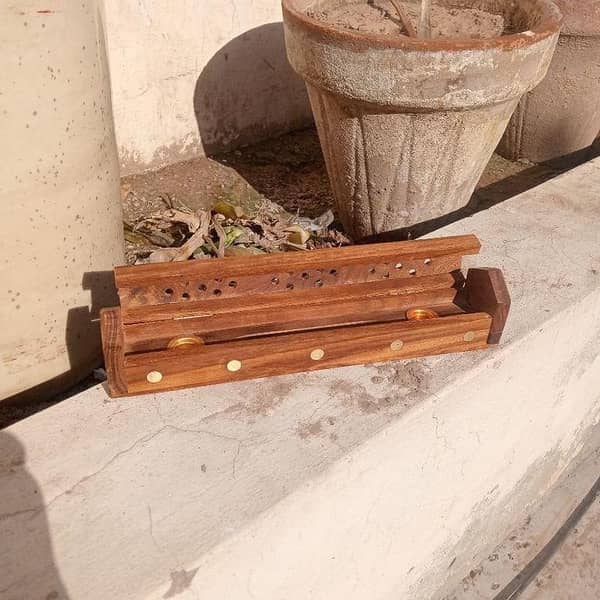 Handcrafted Brass Dotted Wooden Incense Holder - Elegant Design for Home Fragrance - Wooden Agarbatti Box.