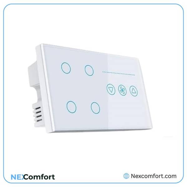 4 Gang With Fan Dimmer | White Glass Panel