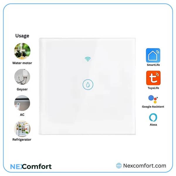 40A WiFi Smart Switch – White Touch Wall Switch for Geyser, Motor & Heavy Appliances