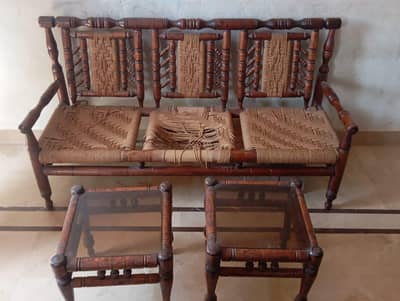 Solid Wood 8-Seater Sofa with 2 Side Tables (Traditional Style)