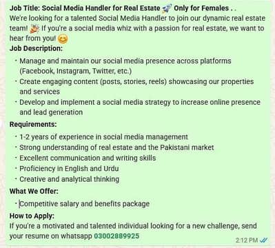 we need female staff required property office