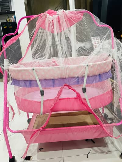 Baby Cradle / Jhoola with Mosquito Net – Pink Color (Like New)