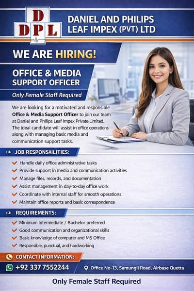 Office & Media Support Officer || Female Staff || Jobs