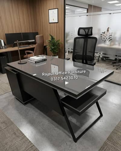 Executive Office Table Metal Frame Glossy Top Three Draws