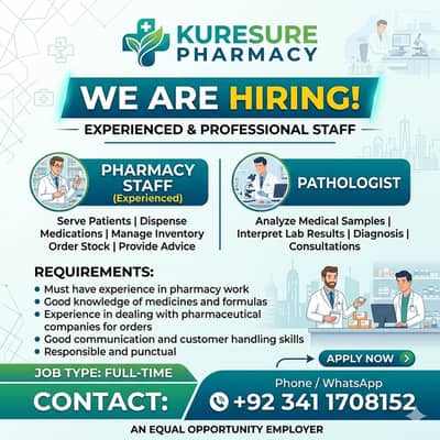Urgent Hiring: Pharmacy Staff & Pathologist Required (Jobs)