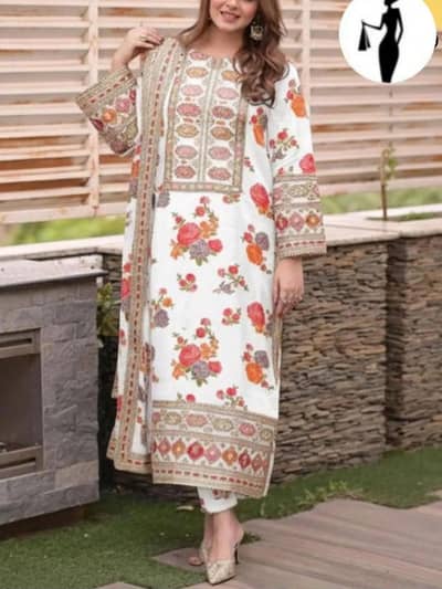 White Floral Embroidered 3 Pcs Lawn Suit