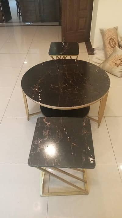 Centre Table with 2 Side Tables – Wooden Top & Iron Frame