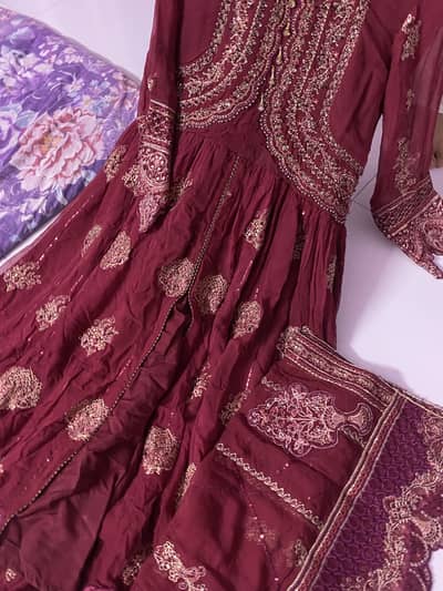 Sanaullah Luxury Maroon Embroidered Chiffon Maxi