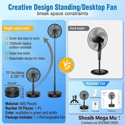 Portable Desktop/Floor Rechargeable Fan – Brand New