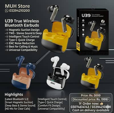 U39 True Wireless Bluetooth Earbuds -Magnetic Suction Design TWS