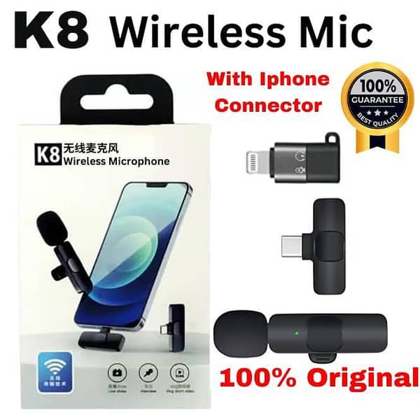 K8 Professional 3-in-1 Wireless Lavalier Microphone for iPhone (iOS Lightning), Android (Type-C & Micro USB) - Universal Plug & Play Mini Collar Mic for Vlogging, Live Streaming, YouTube, Video Recording & Interviews