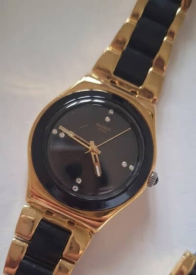 Swatch Yellow Pearl Black Dial Two-Tone Steel Watch – For Sale