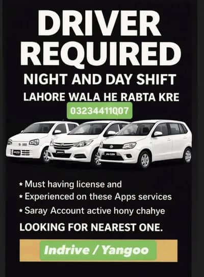 Captain driver Yango indrive required in lahore
