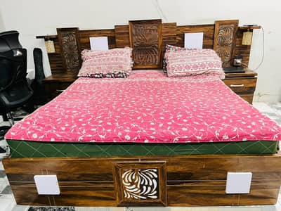 Wooden Double Bed with Side Tables + LED Setup