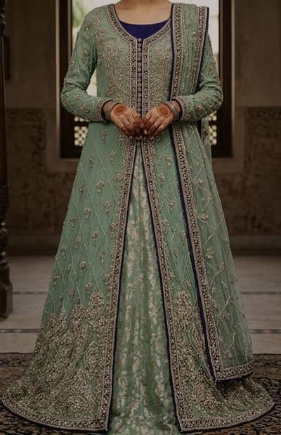 Nikah walima bridal wear open tail frock with pure janawar lehnga