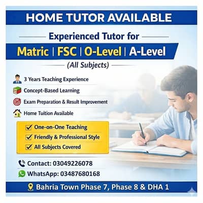 Experienced Home Tutor for Matric FSC A-level O-level All Subjects