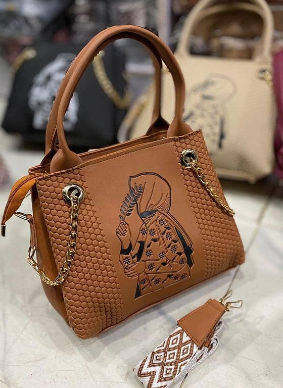 Hijab 3 pocket Ladies Hand bag with premium Quality Long Chain And Belt Front Hijab Embroidery