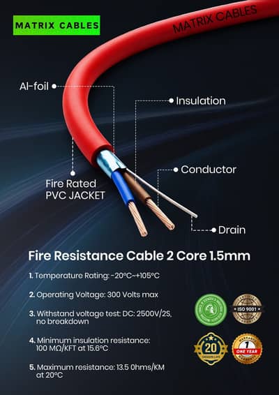 2 Core 1.5mm Fire Alarm Cable,99.99% Pure Copper,ISO & PCSIR Certified
