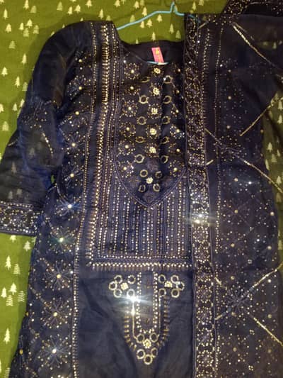 Elegant Navy Blue Organza Embroidered Dress 3 pc