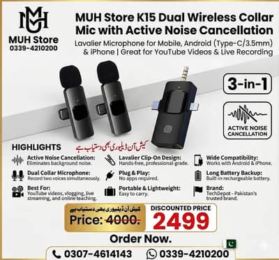 TechDepot K15 Dual Wireless Collar Mic with Active Noise Cancellation