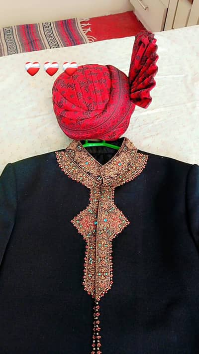 Black Sherwani with Red Kulla for Sell in 4,500 PKR