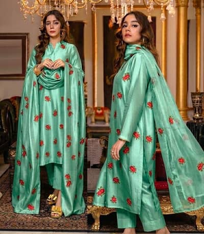 Rose Embroided Shirt, trouser with Embroided Dupatta 3pcs dress