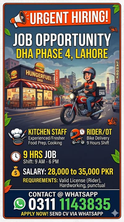 KITCHEN STAFF & RIDER/ORDER TAKER Required in DHA Phase 4 Lahore