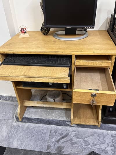 Solid Wooden Computer Table – Full Setup (CPU + Keyboard + Drawer)