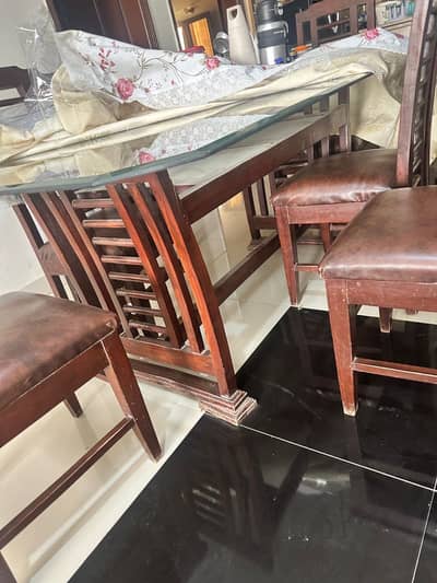 6-Seater Wooden Dining Table with Glass Top – Excellent Condition