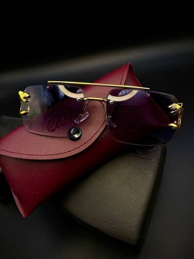 Premium Rimless Sunglasses | Gold Frame | Panther Detail | With Case