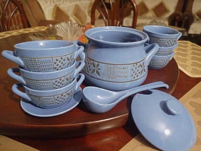 Elegant blue pottery soup set at very low price
