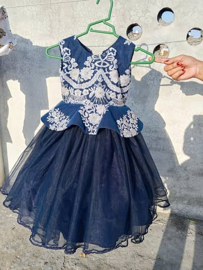 ​Beautiful Navy Blue Embroidered Party Wear Frock for Girls