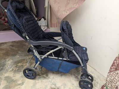 Compact Double Tandem Stroller – Blue Geometric Print