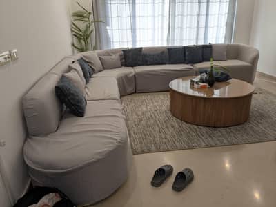 L Shaped Beige Sofa set + gray custom tailored covers