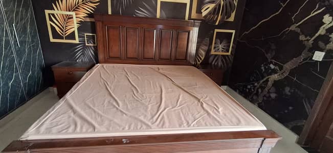 King Size Wooden Bed with Mattress and Side Tables